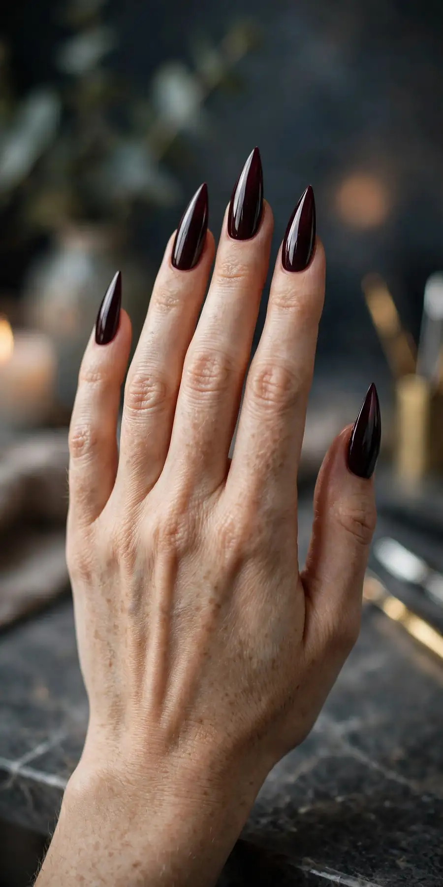 Stiletto nails in dark wine burgundy