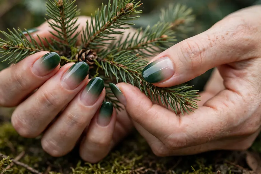 Evergreen ombre Christmas French tip nails on real hands with pine branches
