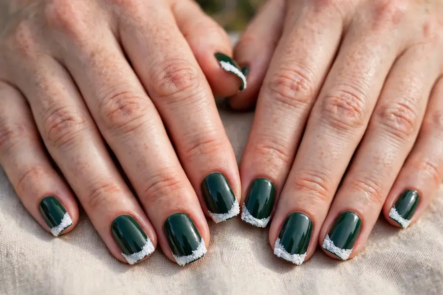 Evergreen French manicure with white snow cap tips on real hands