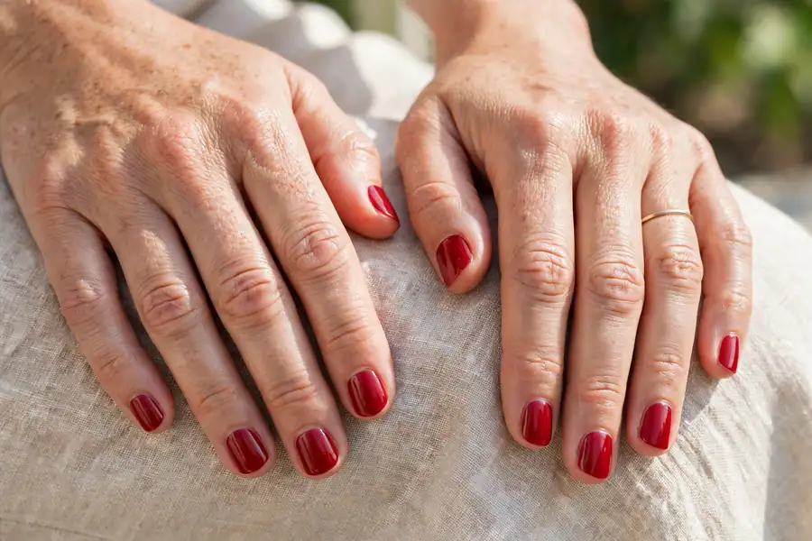 Classic red polish on very short natural nails on real hands