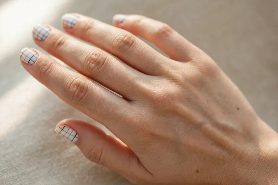 Fine line grid short nail designs on real hands