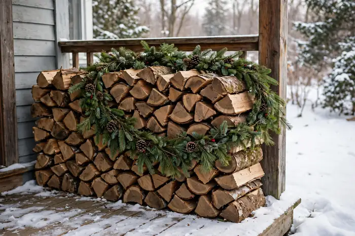 Photorealistic photograph of neatly stacked firewood with evergreen garland on a winter front porch