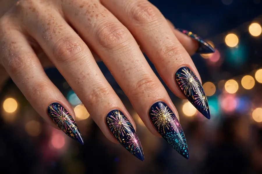 Navy birthday nails with colorful firework nail art