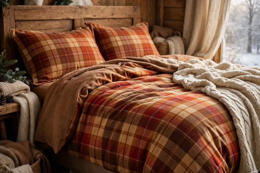 flannel bedding in warm plaid tones on a cozy winter bed