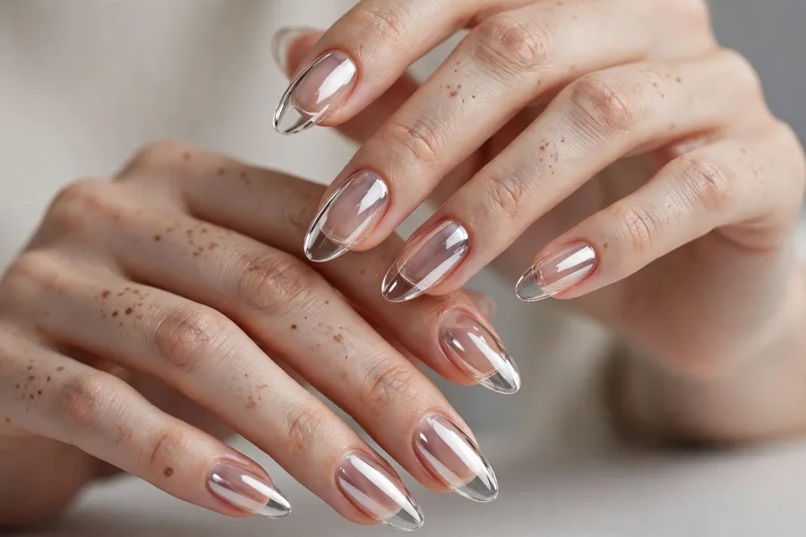 Ultra glossy mirror shine clear glass nails on real hands