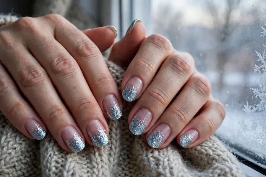 Glitter dipped tip nails on real hands in winter light
