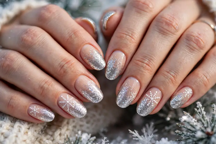 Glitter fade nails from nude to silver glitter tips with white snowflake nail art on real hands