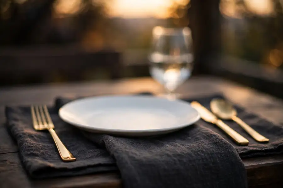 Gold flatware place setting with linen napkin for thanksgiving