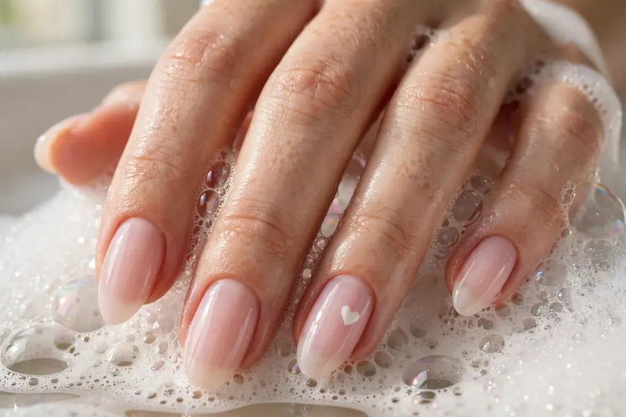 Sheer pink bubble bath nails with tiny heart accent on real hands