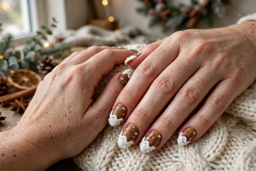 Iced gingerbread tip nails with white frosted tips on brown on real hands