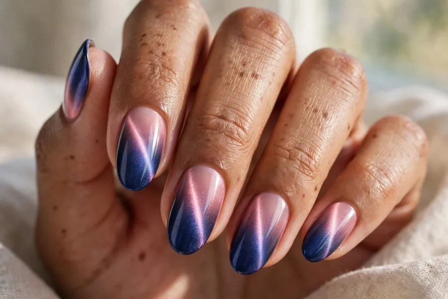 Oval nails with indigo-to-rosewater two tone cat eye nail polish, delicate color shift
