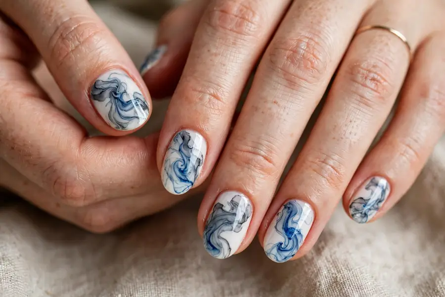 Watercolor ink marble nails in blue and grey