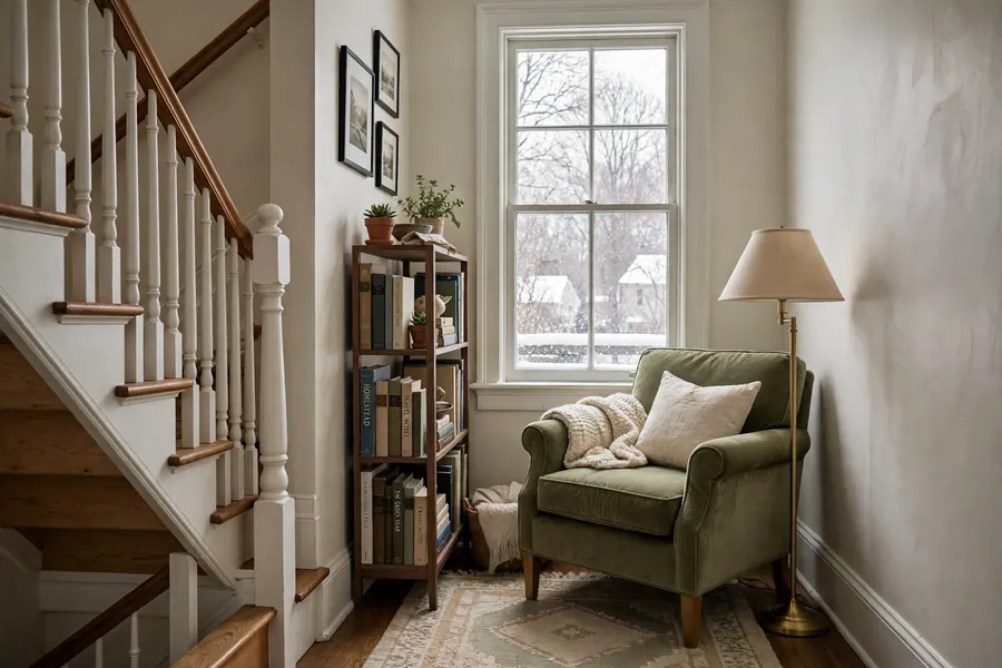 Landing reading nook with a chair bookshelf and lamp on a quiet staircase landing