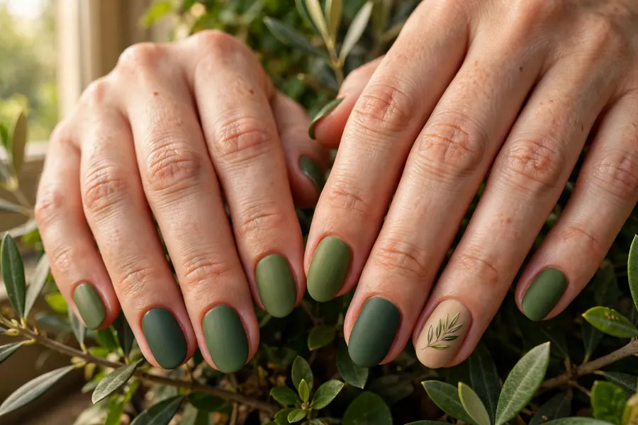Leaf print accent earthy nails on real hands