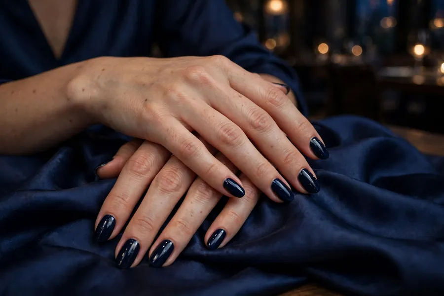 Midnight navy blue high gloss date night nails on real hands in a dim restaurant