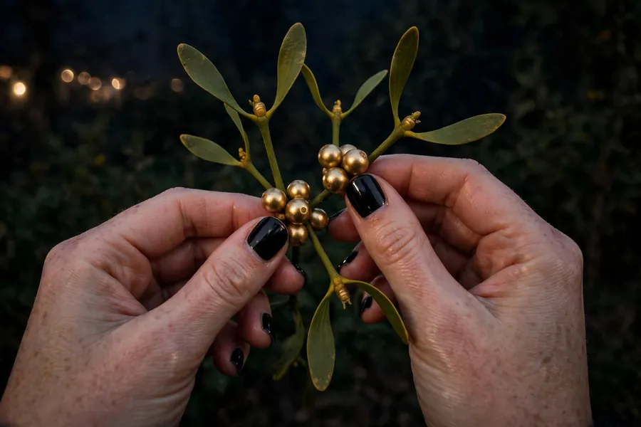Mistletoe sprig with gold berries on black mistletoe nails on real hands at night