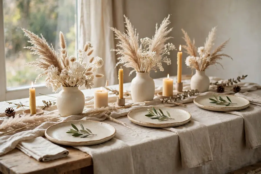 Calm neutral linen christmas table setting with stoneware and dried flowers