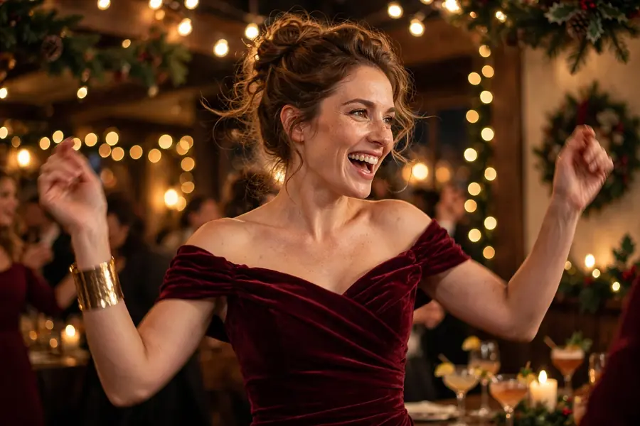 Off-shoulder burgundy cocktail dress worn with updo hairstyle at a dance party