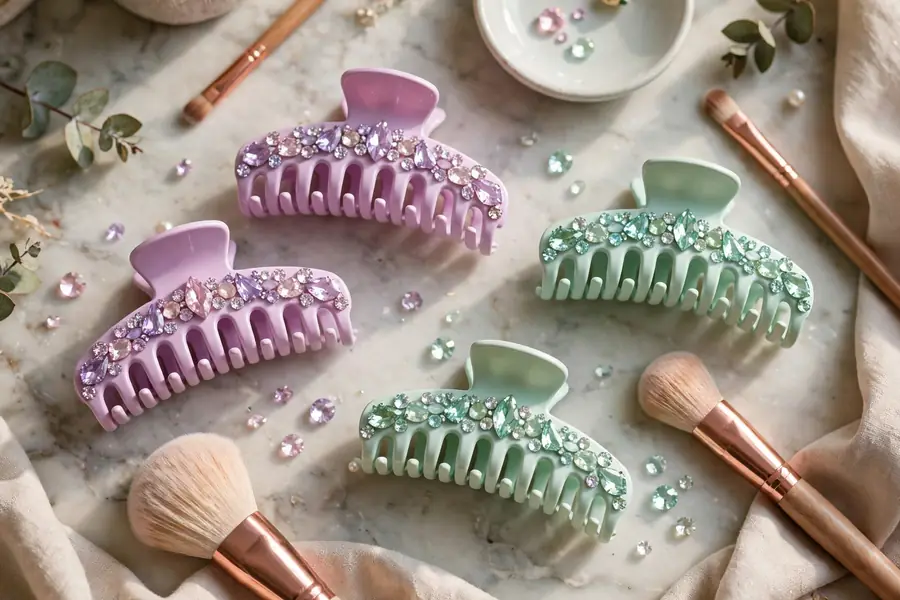 flat lay of pastel gem claw clips on a vanity
