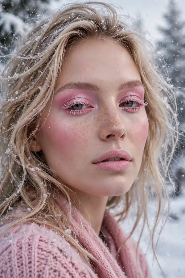 Pink frost monochrome makeup with shimmer eyeshadow blush and lips