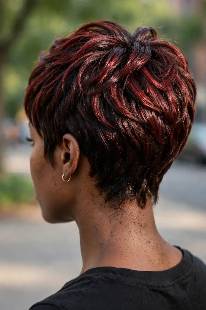 Cherry cola brunette on a chic pixie haircut