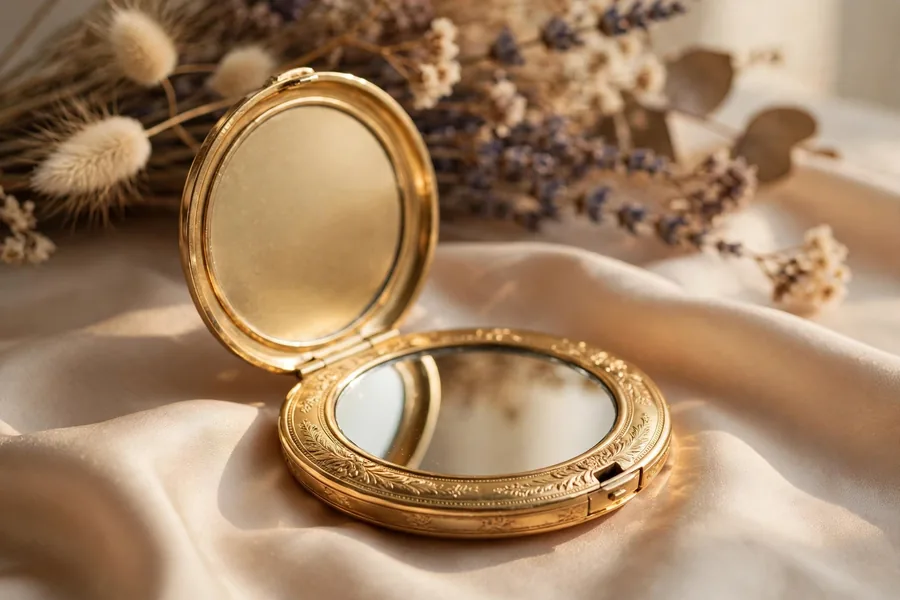 Elegant round gold compact pocket mirror open on silk cloth