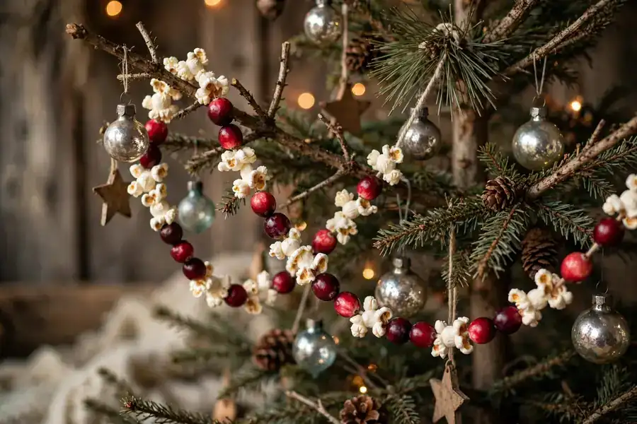 Old fashioned popcorn and cranberry garland strung on a rustic Christmas tree