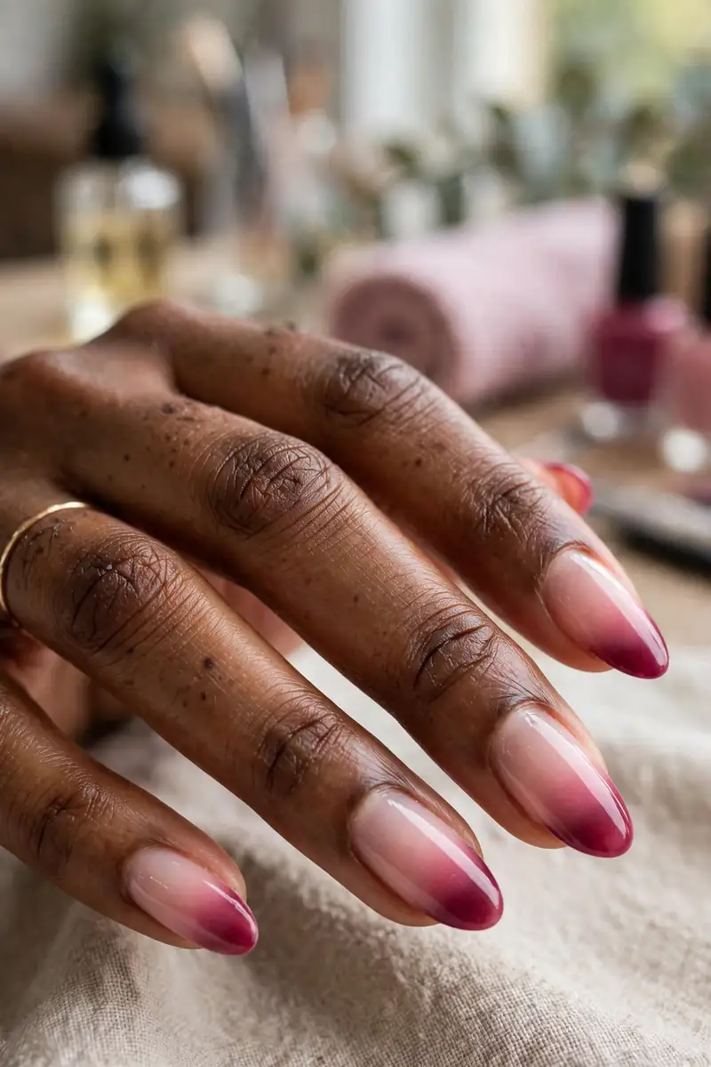 Raspberry jelly nails in a soft baby-boomer French ombre blend