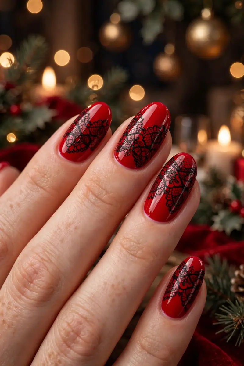 Red nails with black lace stamping