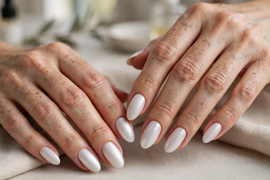 Satin silk milky white chrome nails with a soft velvet sheen