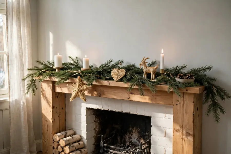 Scandinavian Christmas mantel with plain pine garland white candles and straw ornaments