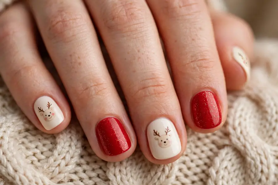 Short sweet reindeer nails with a tiny face on real hands