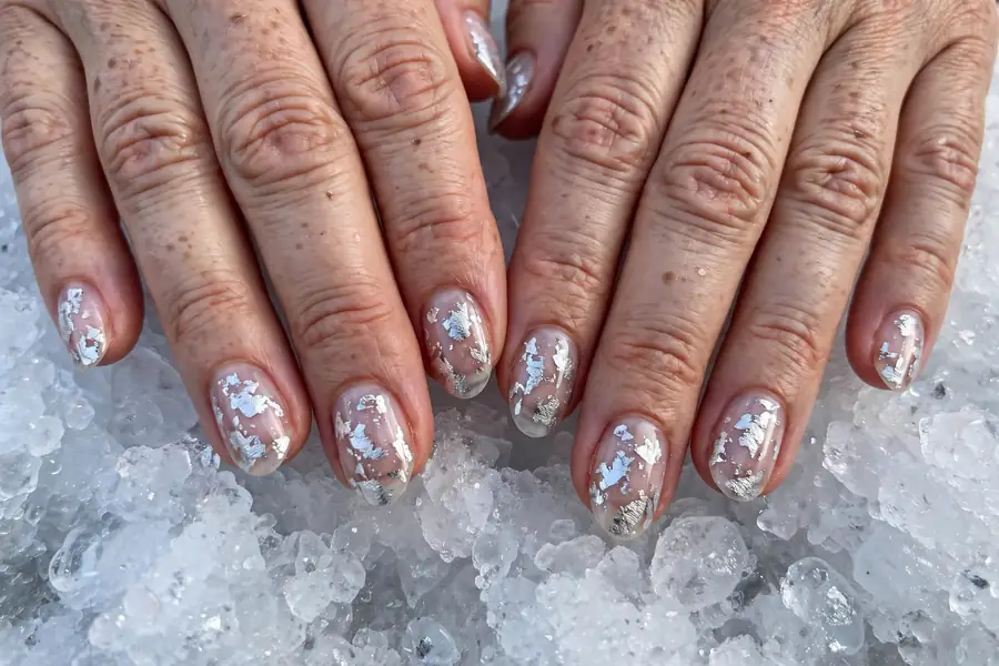 Silver foil fleck nails on real hands over a light background
