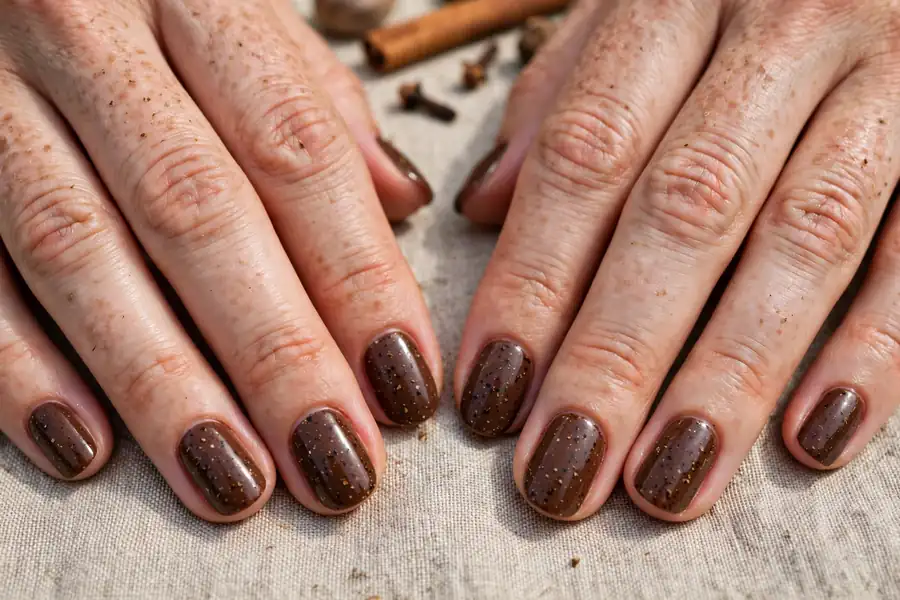 Spiced cocoa speckled hot chocolate nails on real hands