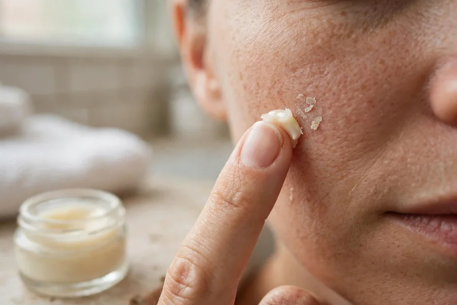 Thick spot balm being applied to a dry cheek patch