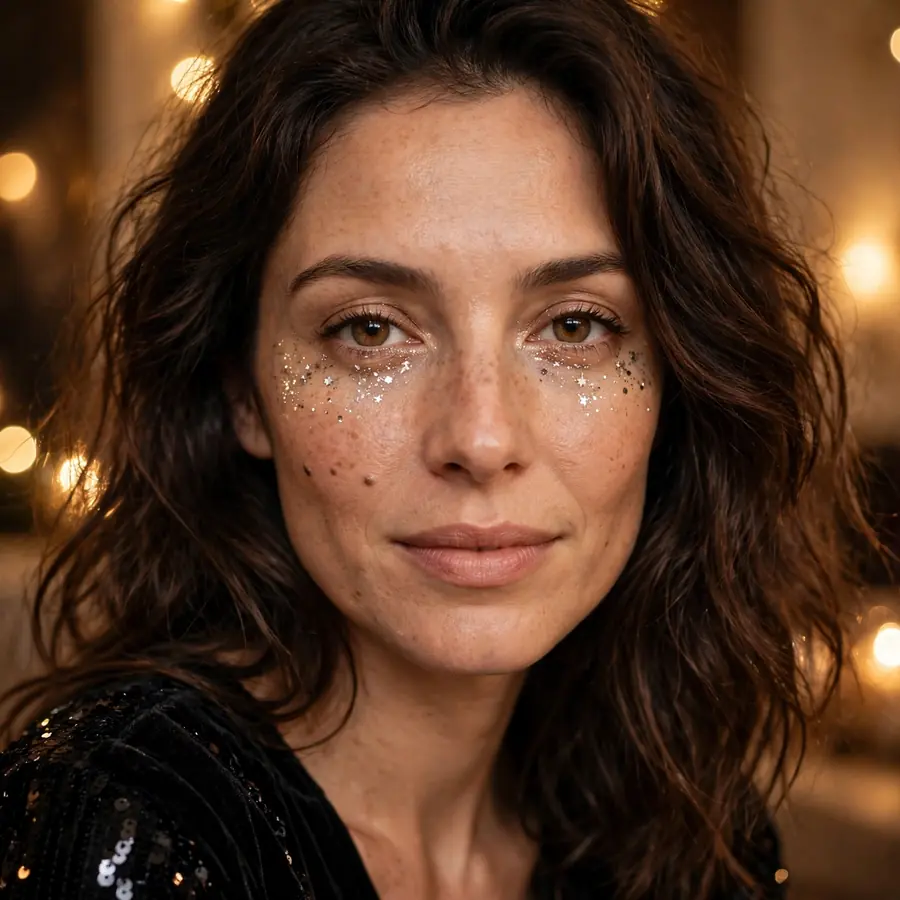 Woman with starlight glitter under the eyes for a New Year's Eve party look