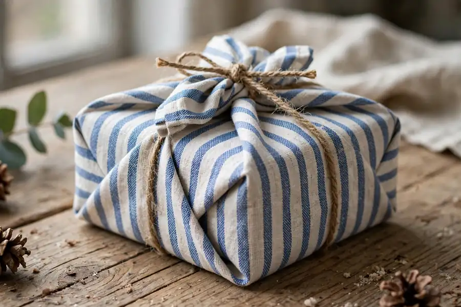 A Christmas gift wrapped in a striped linen tea towel tied with twine