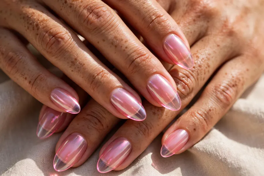 Tinted glass jelly pink chrome nails with translucent shine