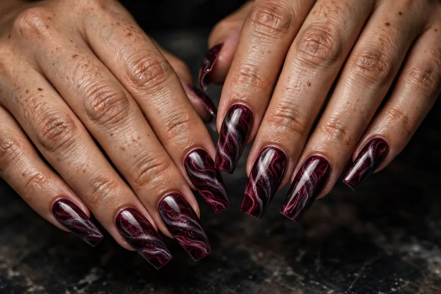 Burgundy velvet marble swirl nails on real hands