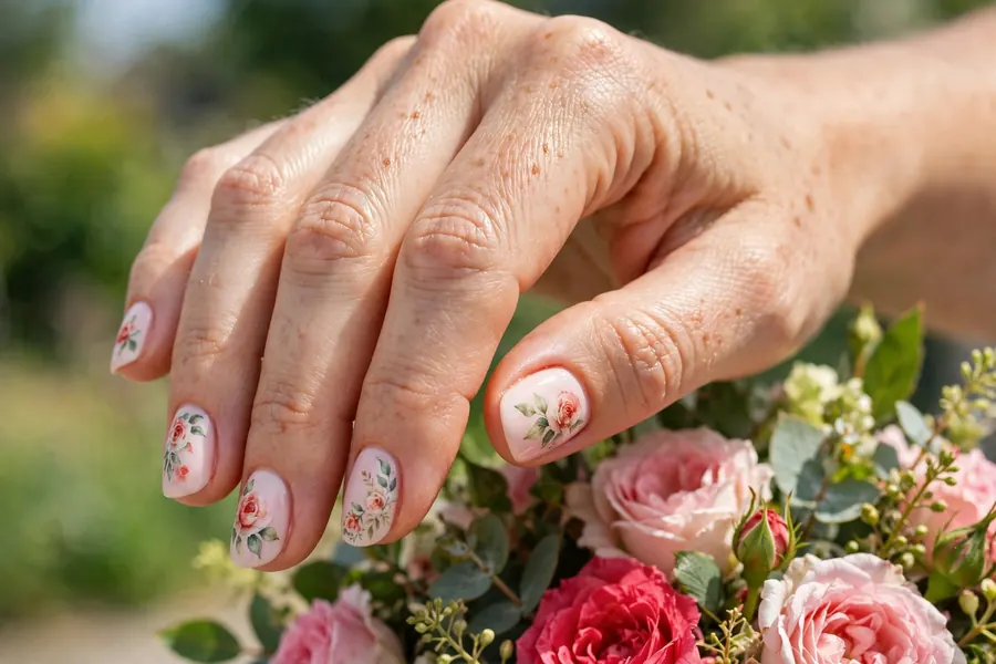 Watercolor rose Valentine's Day nails with painted roses