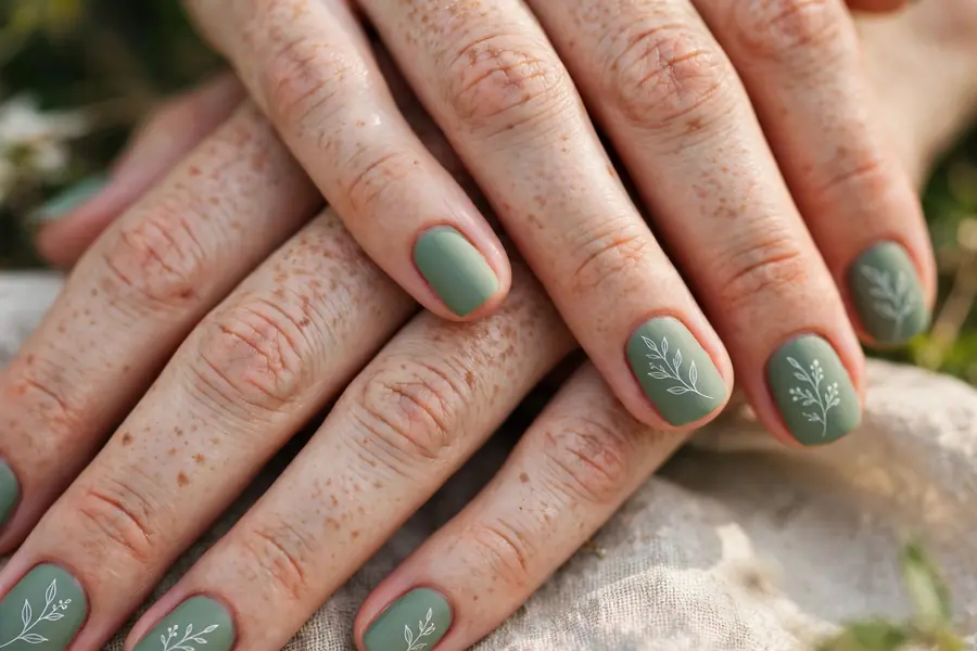 Sage green nails with white botanical line art