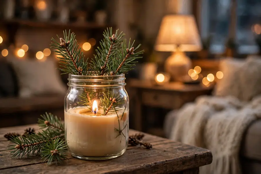 scented candle and pine sprigs on a living room side table