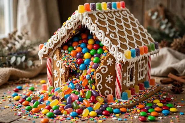 Photorealistic photograph of a gingerbread house bursting with rainbow colored candies, sprinkles and bright icing