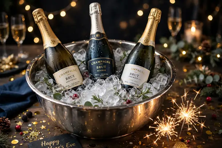 Sparkling ice bucket display with champagne bottles for New Year's Eve