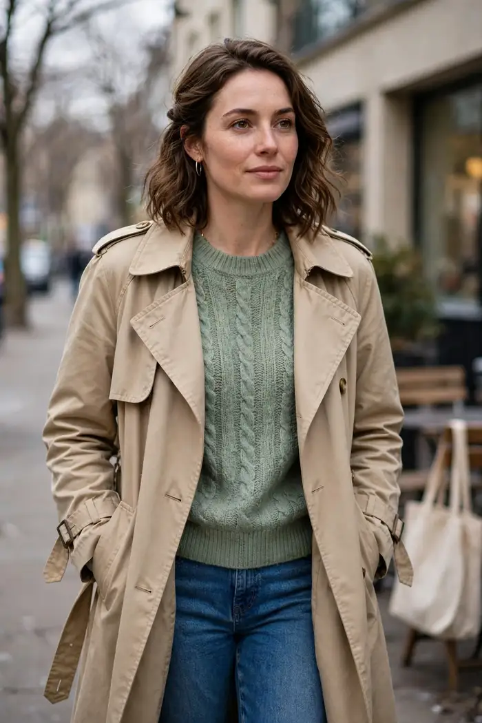 Woman in a sage green sweater under an open beige trench coat with jeans