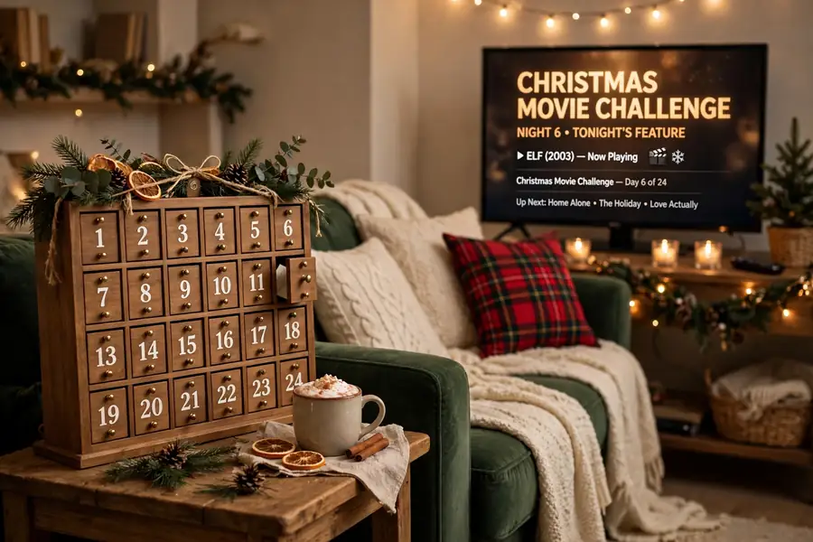 Advent calendar beside a cozy sofa and television for a Christmas movie challenge