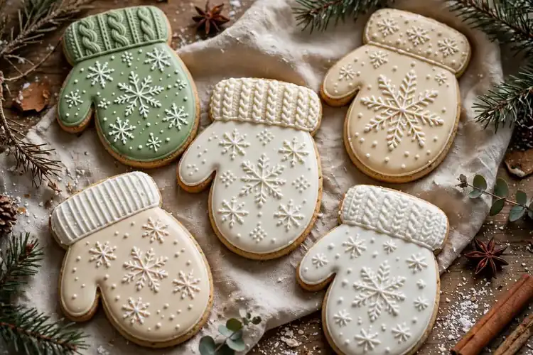 Mitten-shaped cookies with cosy icing patterns, cuffs and snowflakes