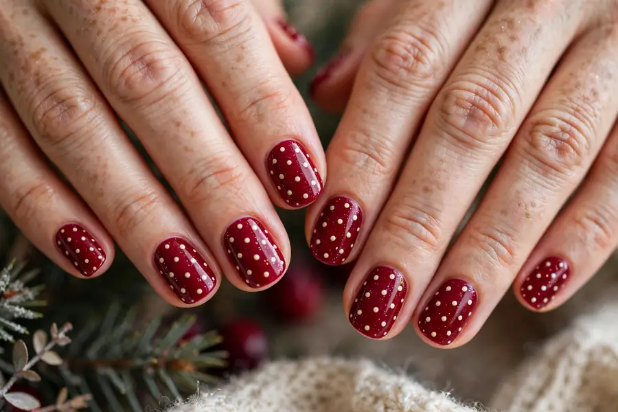 Cranberry nails with tiny cream polka dots