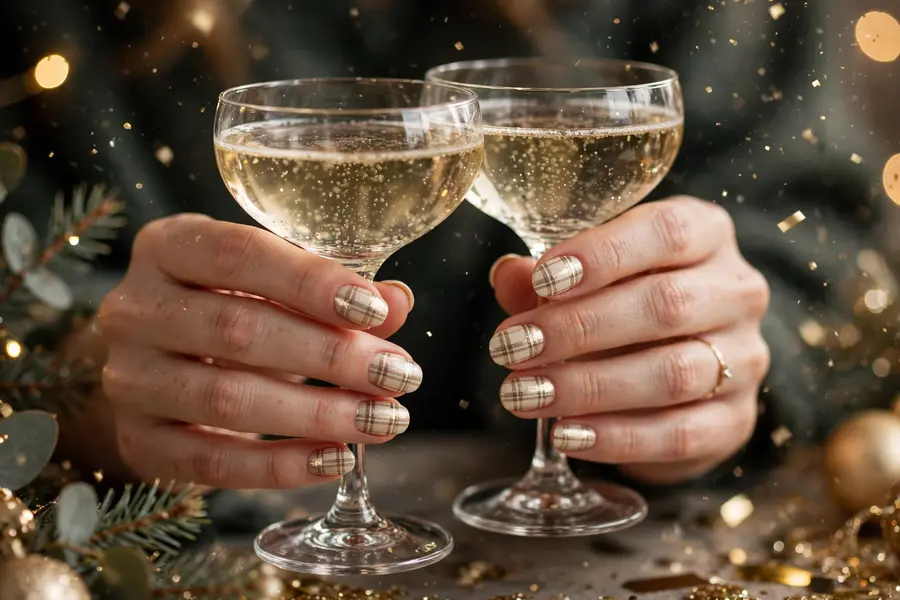 Champagne and ivory plaid nails
