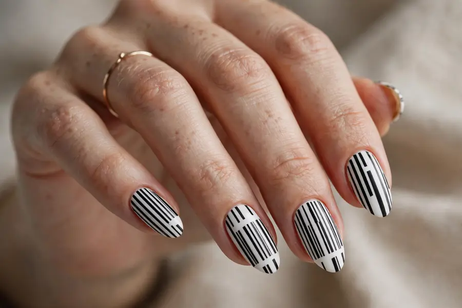 Barcode black and white striped almond nails on real hands